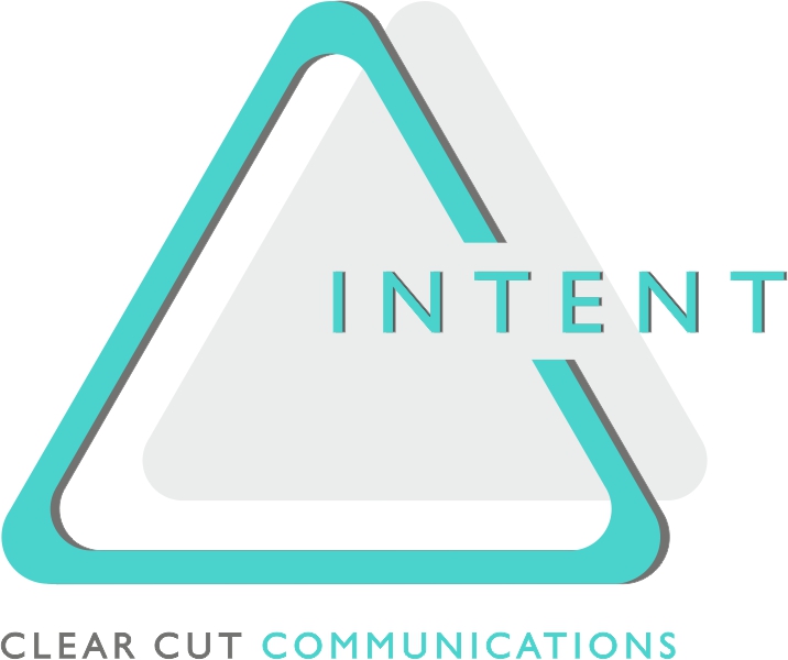 The logo for Intent Communications which is a teal triangle with the word Intent bisecting the right side. Below the triangle states Clear Cut Communications.